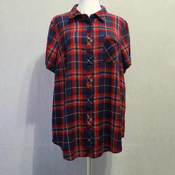 Torrid Stretch Challis Button Front Shirt Women's Size 2 Red Blue Plaid - Picture 1 of 14
